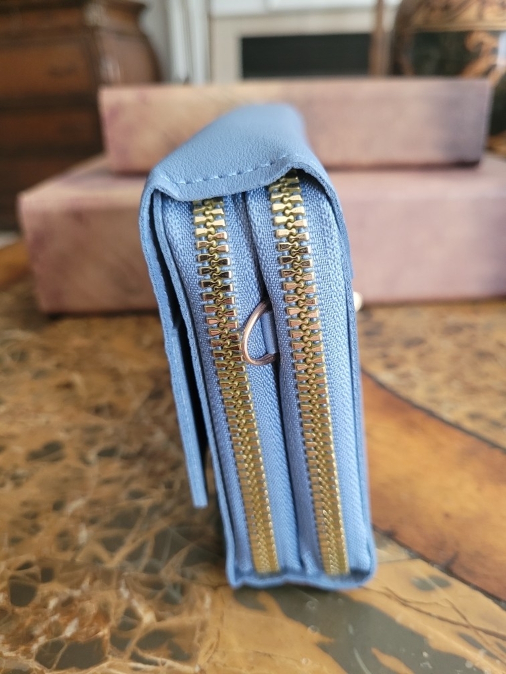Light Blue Faux Leather Wallet with Gold Accent - Picture 5 of 8